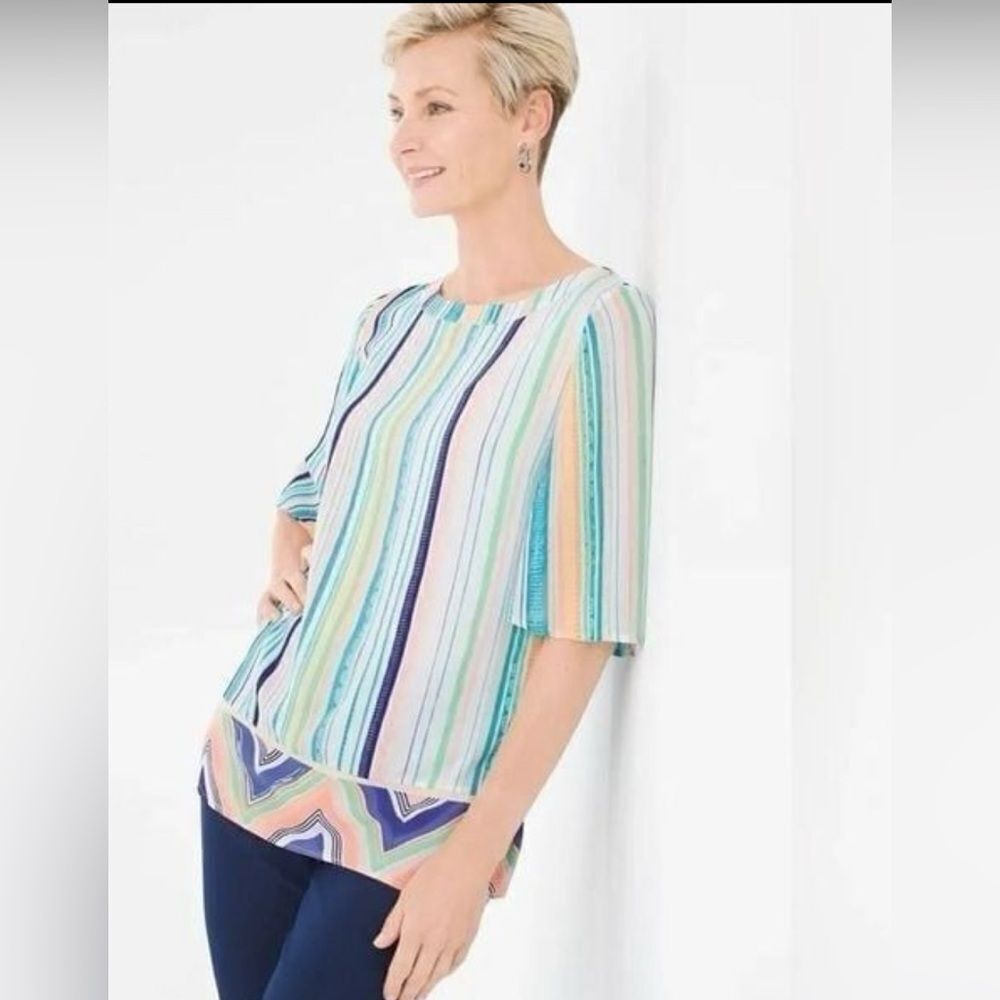 Chico's Striped Chevron‎ Hem Short Sleeve Blouse Size Small Multicolor Top
